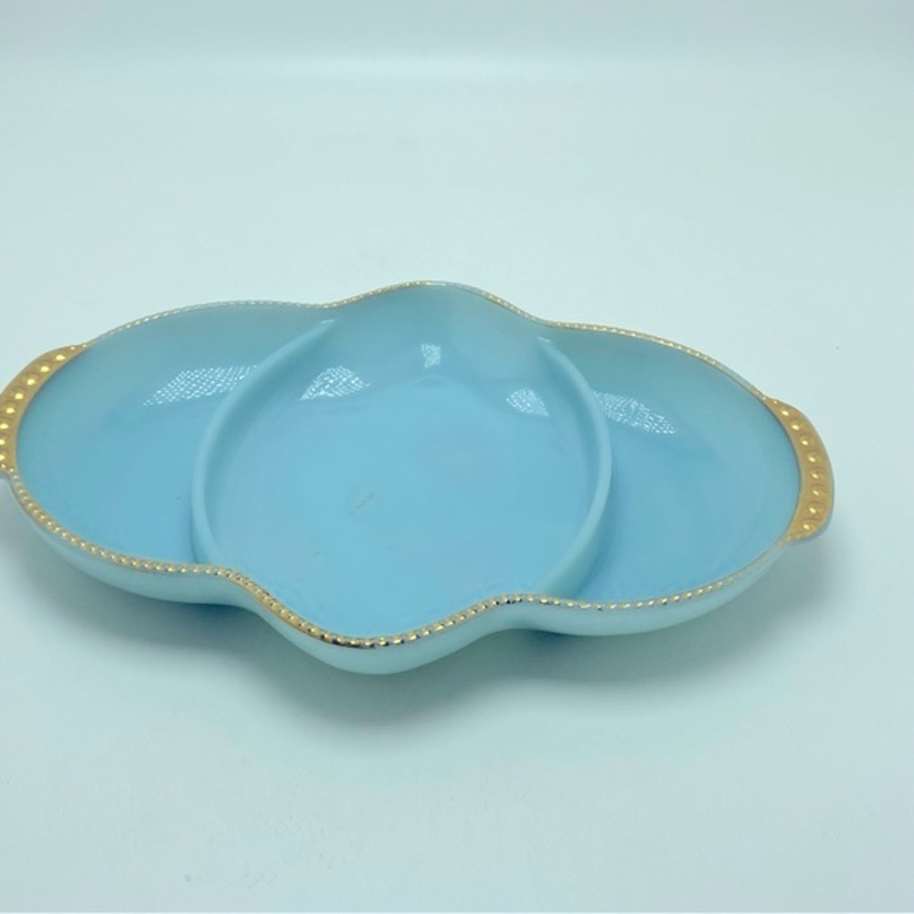 Vintage Fire King Delphite Milk Glass Divided Serving Dish Gold Beaded Rim - Picture 5 of 6